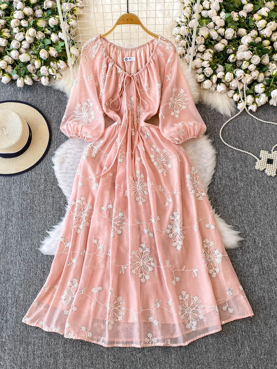 Ele Roze Geborduurde V-Ne Dr Dames Herfst Afslanken A-lijn Lange Rok Woon-werkverkeer Sle Hoge Taille ort Sve Dr