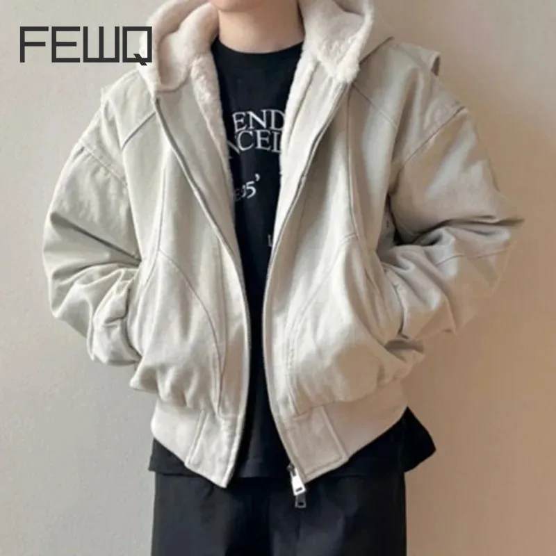 FEWQ Velvet Coat Men's Autumn Winter New American Vintage Style Thick Hooded Cotton Jacket Solid Color Long Sleeve Tops 24E5209