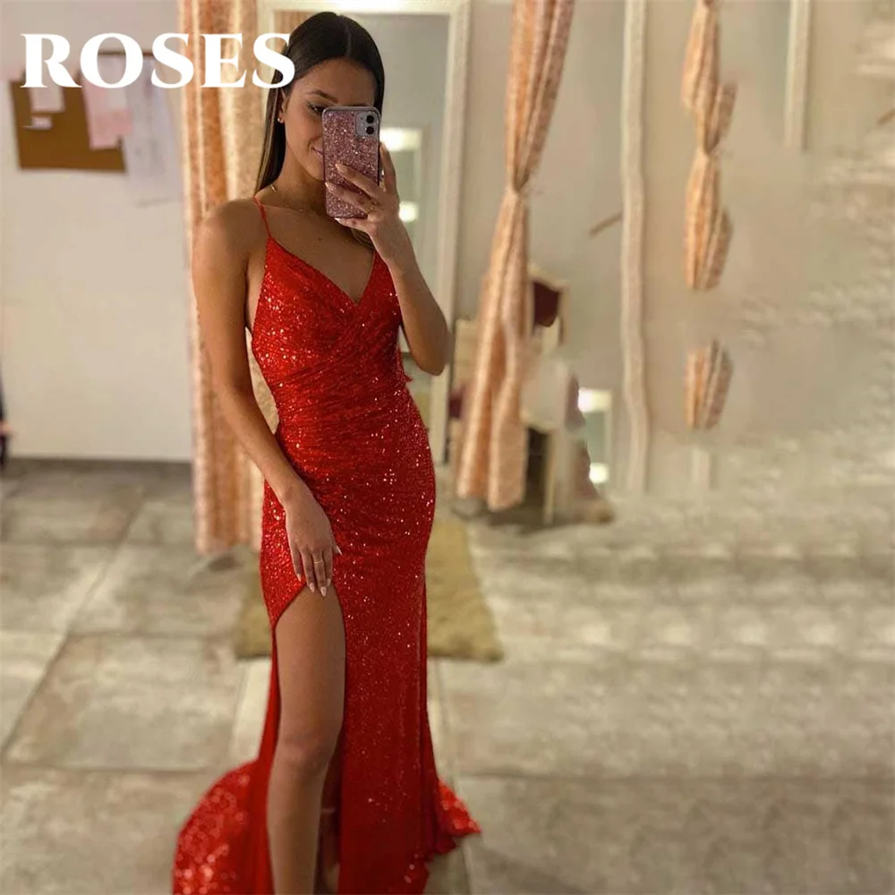 

ROSES Red Evening Dresses V-Neck Prom Dress with Split Sleeveless Sequins Robe De Soirée Glitter Mermaid Backless Party Dresses