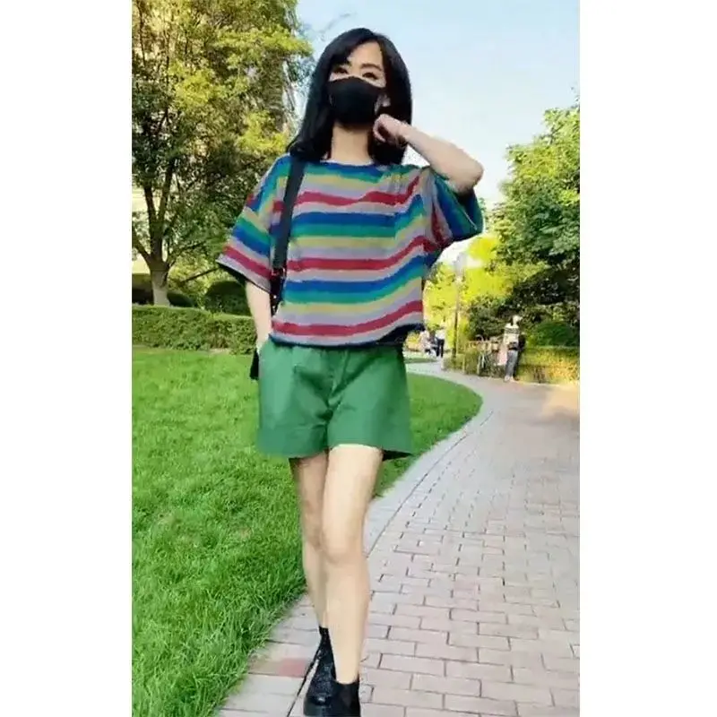 Fashion Women's Set New Spring/summer Korean Version Loose Striped T-shirt Top+wide Leg Pants Elegant Women's Two-piece Set