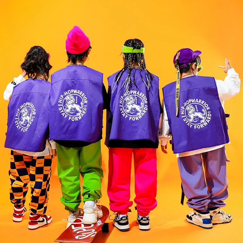 Hip Hop Teen Kids Colorful Cargo Pants Purple Vest Top Boys Girls Streetwear Clothes Suit Children Jazz Street Dance Stage Sets