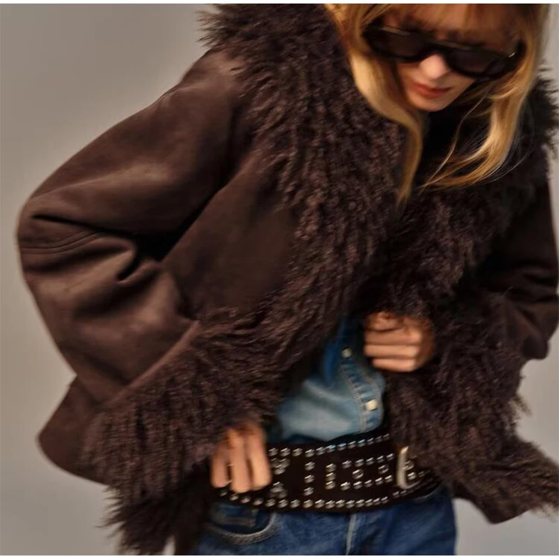 Chaquetas de piel sintética Vintage para mujer, abrigo informal de felpa con solapa abierta, prendas de vestir de calle cálidas y elegantes a la moda para otoño e invierno