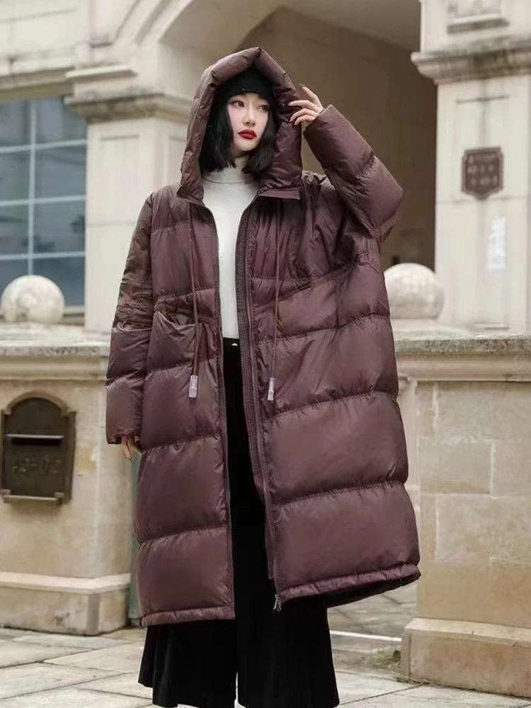 Winter Long Hooded Warm Down Jacket Parka Female Solid Zipper Thick Outwears Coat Women White Duck Down Knee Length Down Jackets