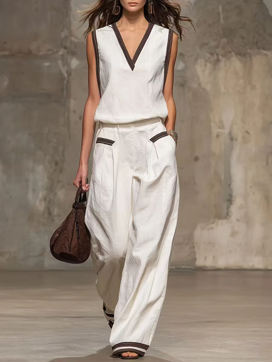 

Women's Two-piece Set Sleeveless Contrasting Color Wide-leg Trousers New in Summer Casual Fashion Office Suit for Women