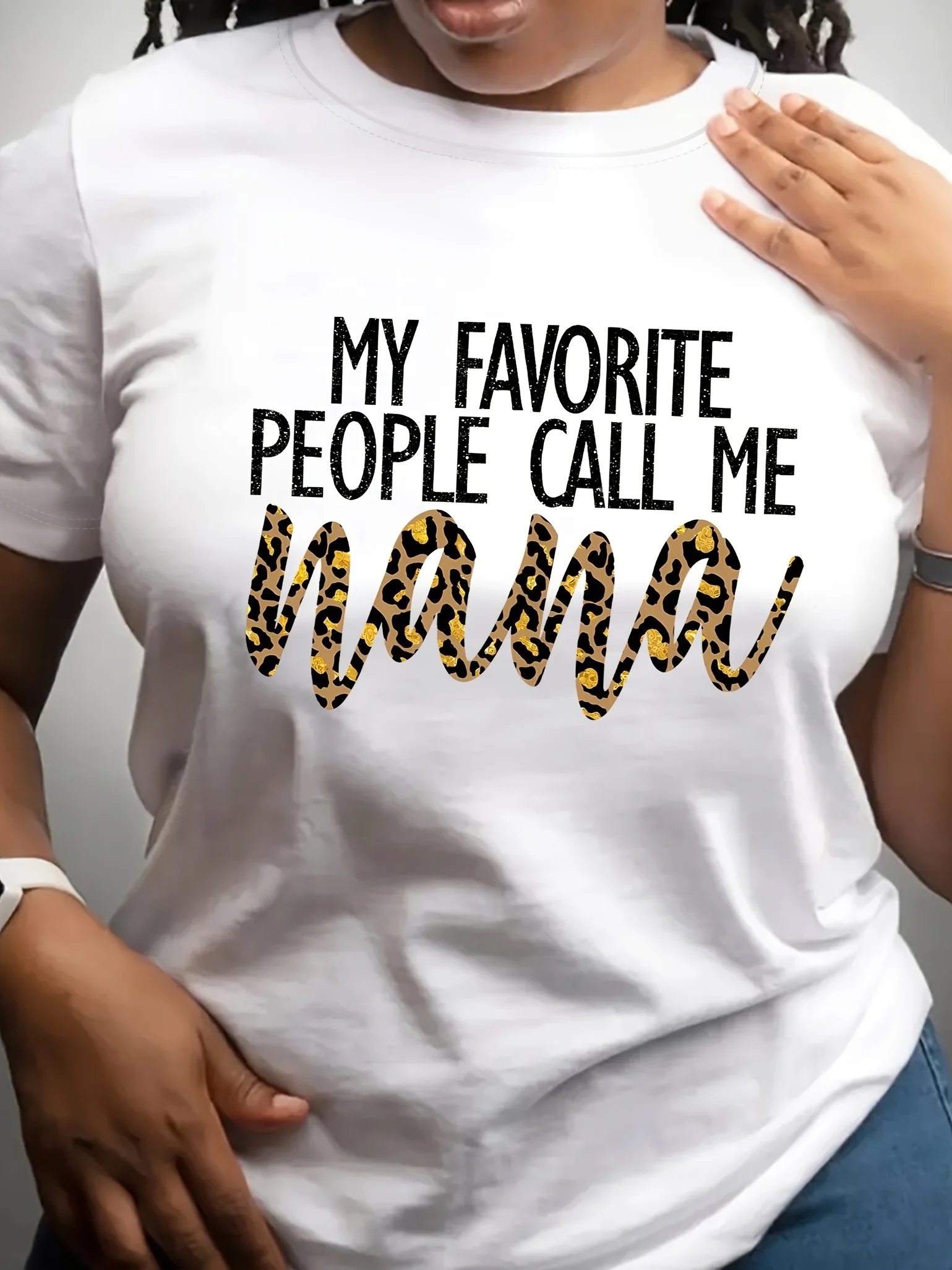 

NANA Women's Light Blue Crew Neck T-Shirt MY FAVORITE PEOPLE Call Me NANA Graphic Print with Leopard Accents