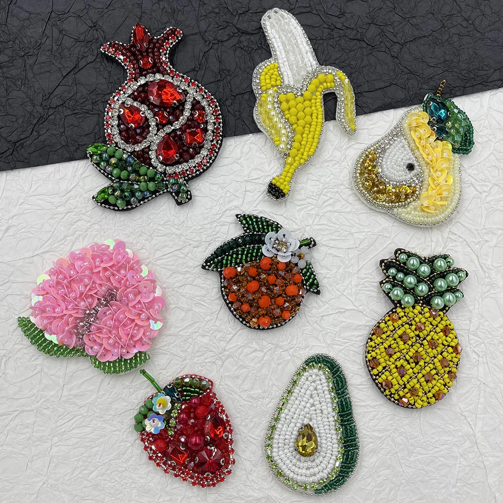 Handmade Beading fruit series patches ,avocado,pineapple,strawberry,pomegranate,peach,banana,Patches for clothes, bags, hats