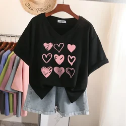 EBAIHUI Cotton L-5XL T Shirt Plus Size Tshirt Short Sleeve Women Top Summer Heart Print Sweet V Neck Oversized T Shirts