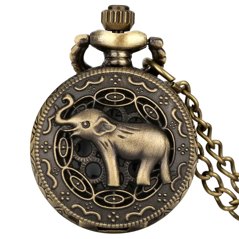 Steampunk Lovely Elephant Design Unisex Quartz Analog Pocket Watch Necklace Pendant Chain Half Hunter Clock Arabic Numeral Gift