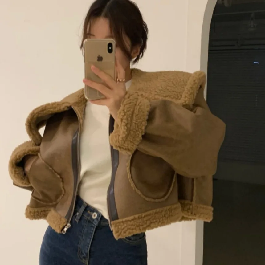 ラムファー ジャケット レディース オルト スレ ビッグカラー 冬コート スイート クール PUレザー バイカー服 韓国風 スレ レギュラーフィット