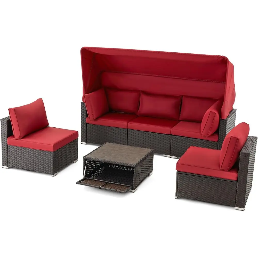 

6-Piece Outdoor Patio Furniture Set: Rattan Daybed with Retractable Roof, Adjustable Backrest Sectional Sofa, Red Chaise Lounge