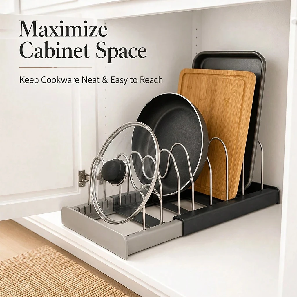 Adjustable Depth Pot Lid Organizer Rack Extendable Pan Holder for Cabinet Bakeware Cookware Storage Shelf Kitchen Organization