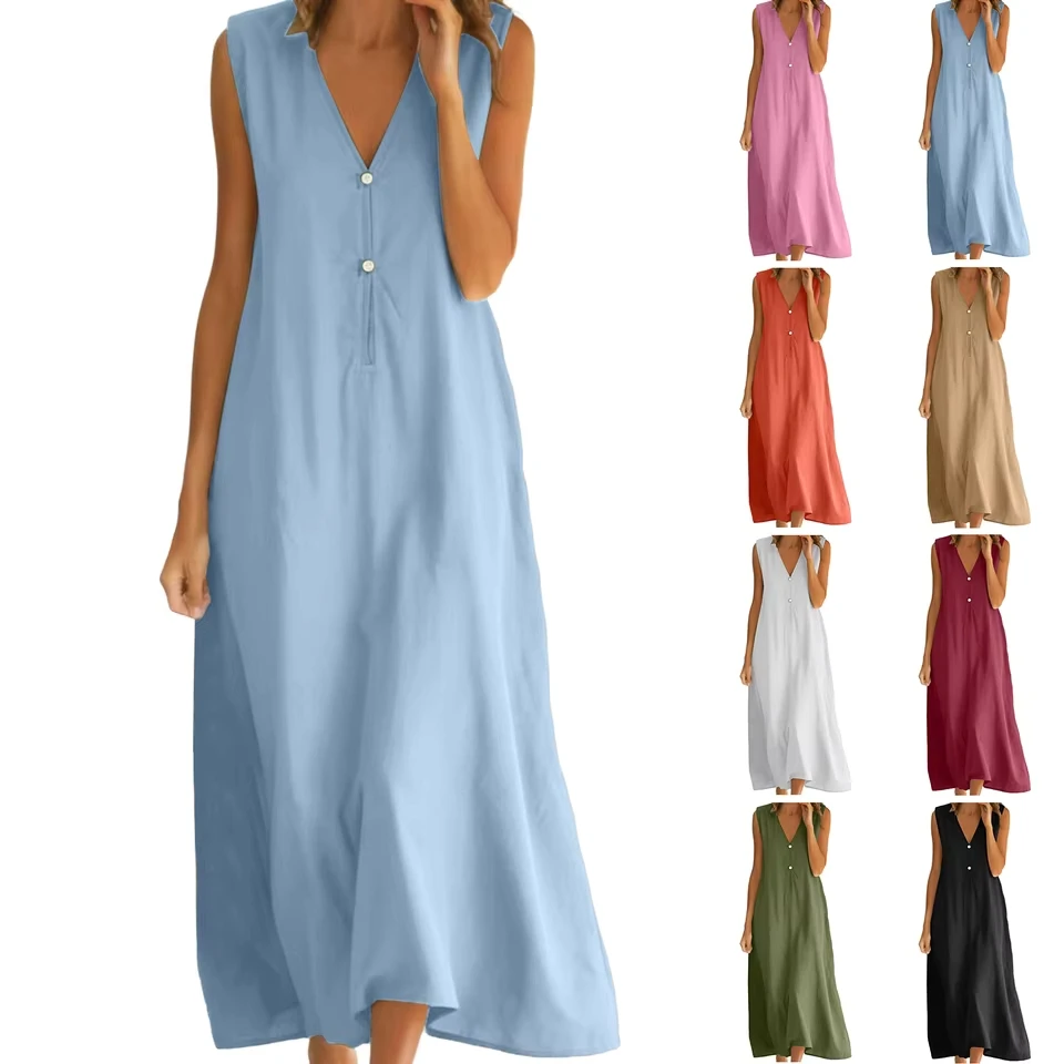 

Women Casual V Neck Sleeveless Cotton Linen Dress For Summer Beach Wear And Casual Wear Women Vestidos Mujer