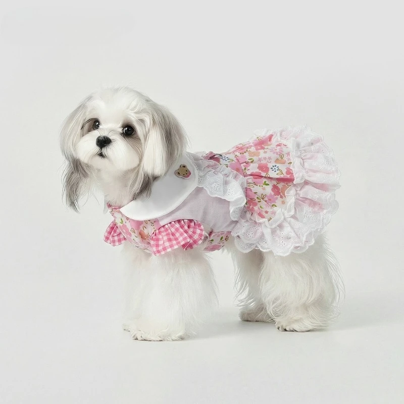 Floral Gingham Patchwork Pet Princess Dress Doll Collar Lace Ruffle Puff Sleeves D-Ring Harness Dress Thin Summer Wear for Pets