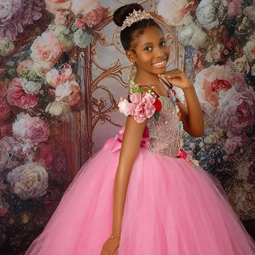 Customized Pink Flower Girl Dresses Tulle Puffy Beading Sleeveless For Princess Wedding Birthday Prom Holy Communion Gowns
