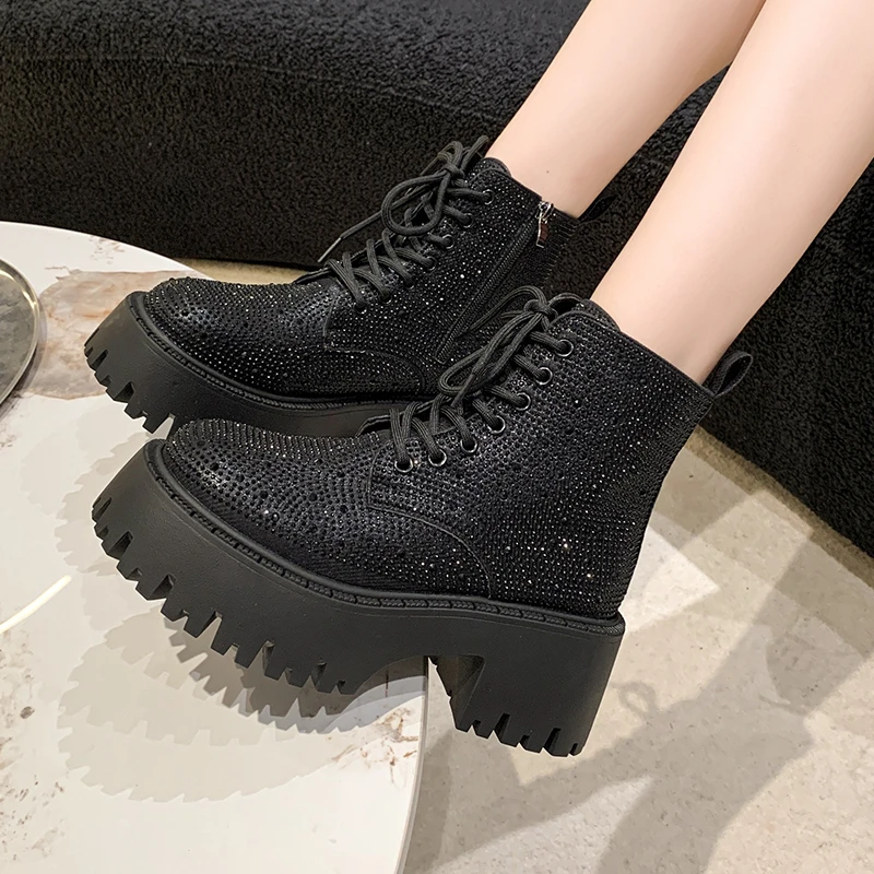 Women\'s Single Boots Autumn Winter New Thick Soled Full of Diamond Leather Shoes Comfortable Temperament Short Leg Fashion Boots