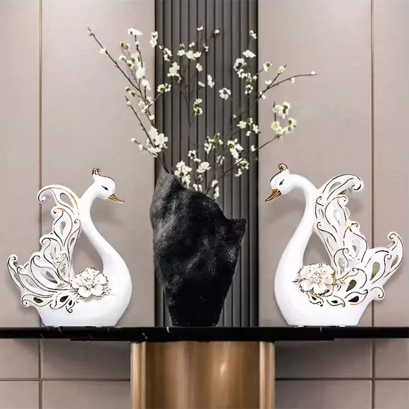 Ceramic Swan Sculpture Pair Hollow Carved Floral Detail Home Wedding Decor Ornament Silver Trim Accent Glossy Glazed Surface