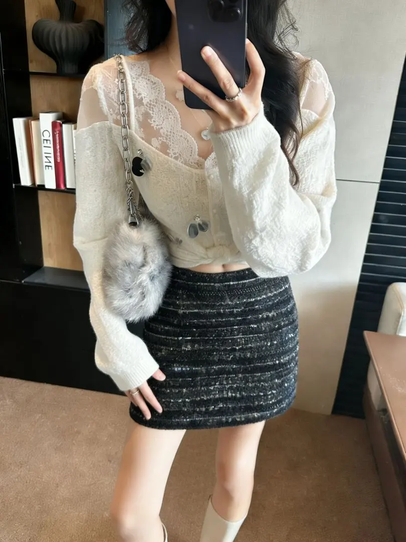 Minigonna corta con paillettes sexy retrò americana rossa per donna a vita alta autunno inverno chic gonne a tubino in tweed sottile da donna