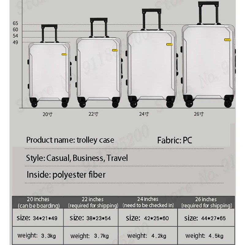 Popular Fashion Rolling Luggage 20/22/24/ 26 Inch Brand Suitcase Men Aluminum Frame Travel Suitcase Ladies Luggage Zipper