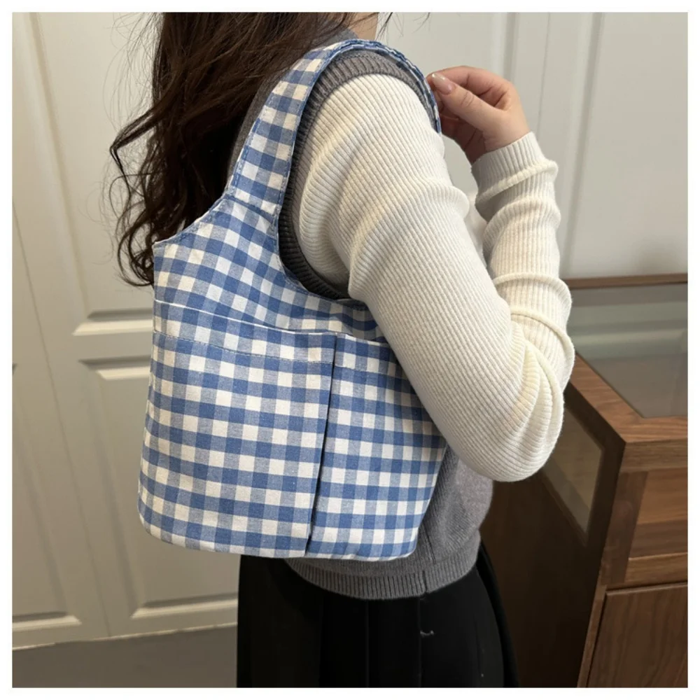 

Красная клетчатая сумка-тоут, легкая повседневная холщовая сумка через плечо, вместительная хлопковая сумка для покупок, женская сумка для шопинга