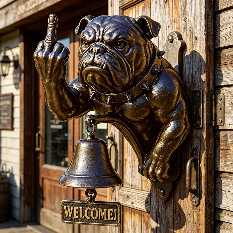 

2026 New Interesting Middle Finger Pointing Bulldog Hanging Doorbell with Welcome Sign, Highly Humorous Decorative Ornament
