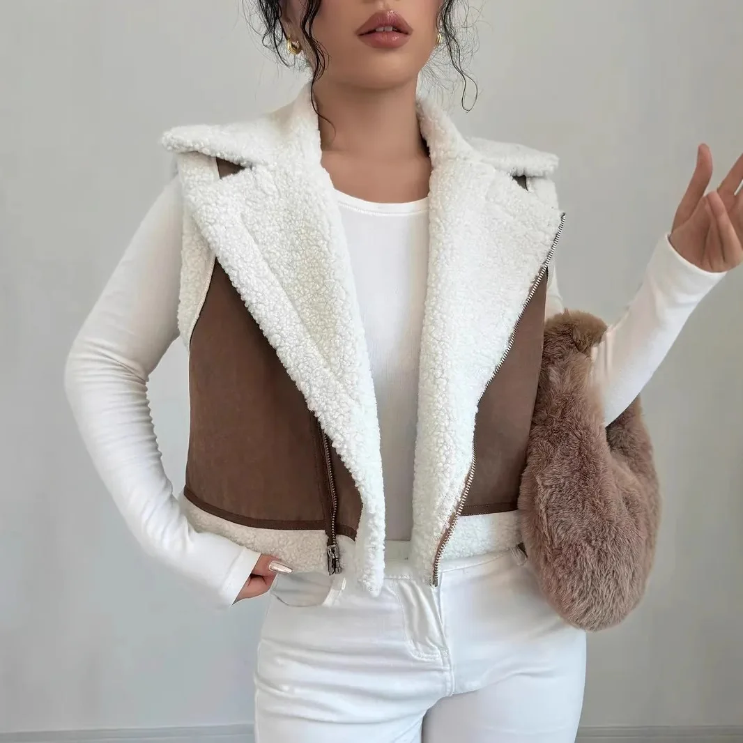 

NEW 2026 PatchworkSpliced Vest Women Parkas Fleece Cardigan Parka Sleeveless Turn Down Collar Zipper High Street Loose Autumn