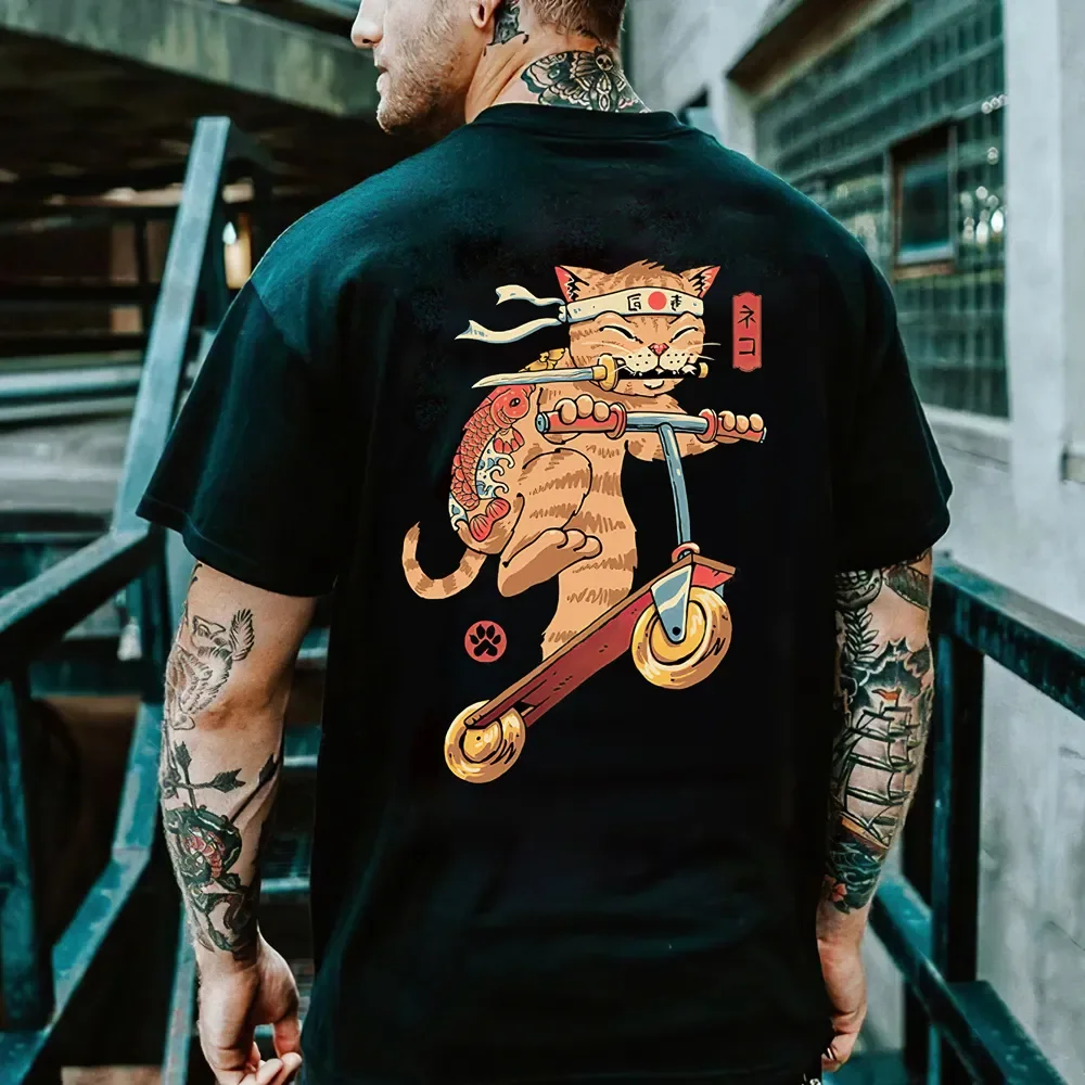 Camiseta estampada de anime Samurai Cat masculina, camiseta de manga curta, gola O, casual, solta, roupas vintage, ao ar livre, Hip Hop, Harajuku