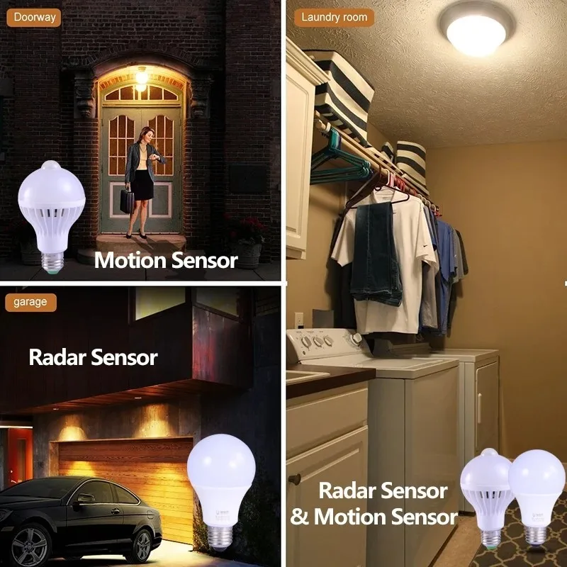 E27 led pir sensor de movimento lâmpada inteligente 3w 5 7 9 12 15 ac 220v conduziu a lâmpada luz de som da noite para casa escada