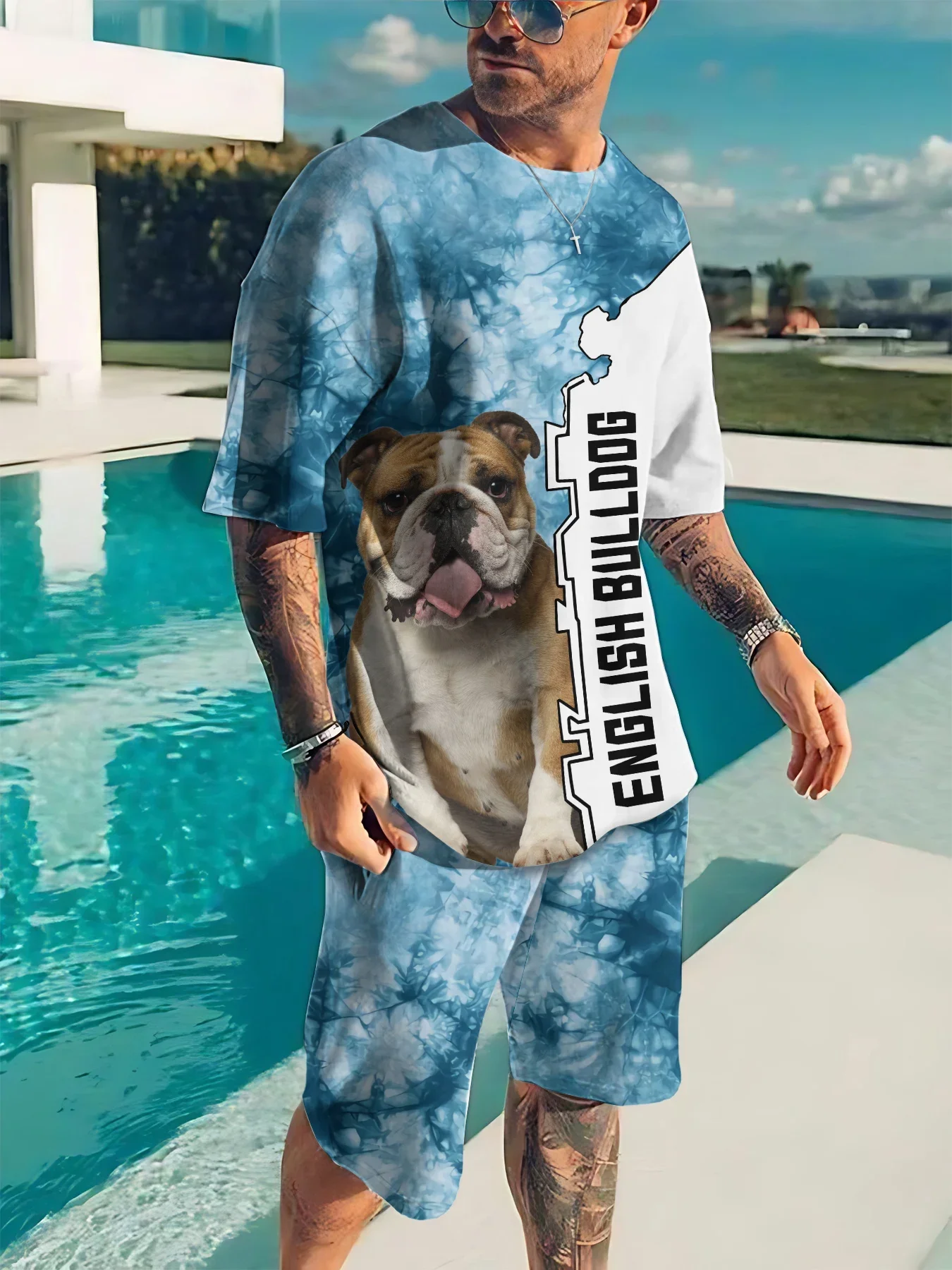 

Animal Bulldog Pattern Print T Shirt Shorts Men Set 2 Piece Summer Suit Short Sleeve Male Tees Streetwear Casual Track Suits