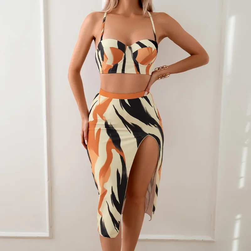New High Waist Slit Fashionable Printed Long Skirt Bikini Sets Sexy Vacation Beach Women's Swimwear Push-up Three Piece Swimsuit
