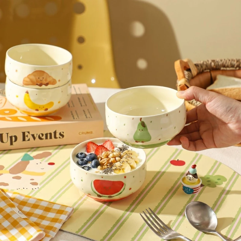 4.5-Inch Fruit Patterned Ceramic Salad Bowl Set with Spoon Family Dinner Bowls Complete Tableware Dinnerware Kitchenware