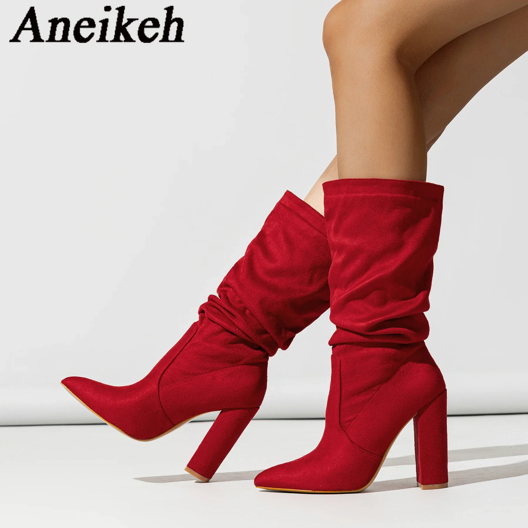 Aneikeh Lente Herfst Dames Dikke Hak Laarzen Gevouwen Elastische Doek Puntige Kleine En Middelgrote Kuit Laarzen Botas Femininas