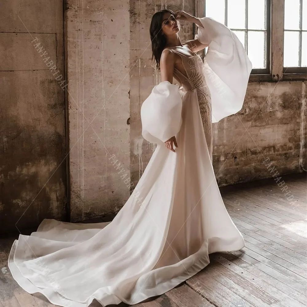 Elegant Organza Satin Wedding Cape With Puffy Short Sleeves,Simple Sweep Train Bridal Cloak,Romantic Wedding Accessories TSWD404