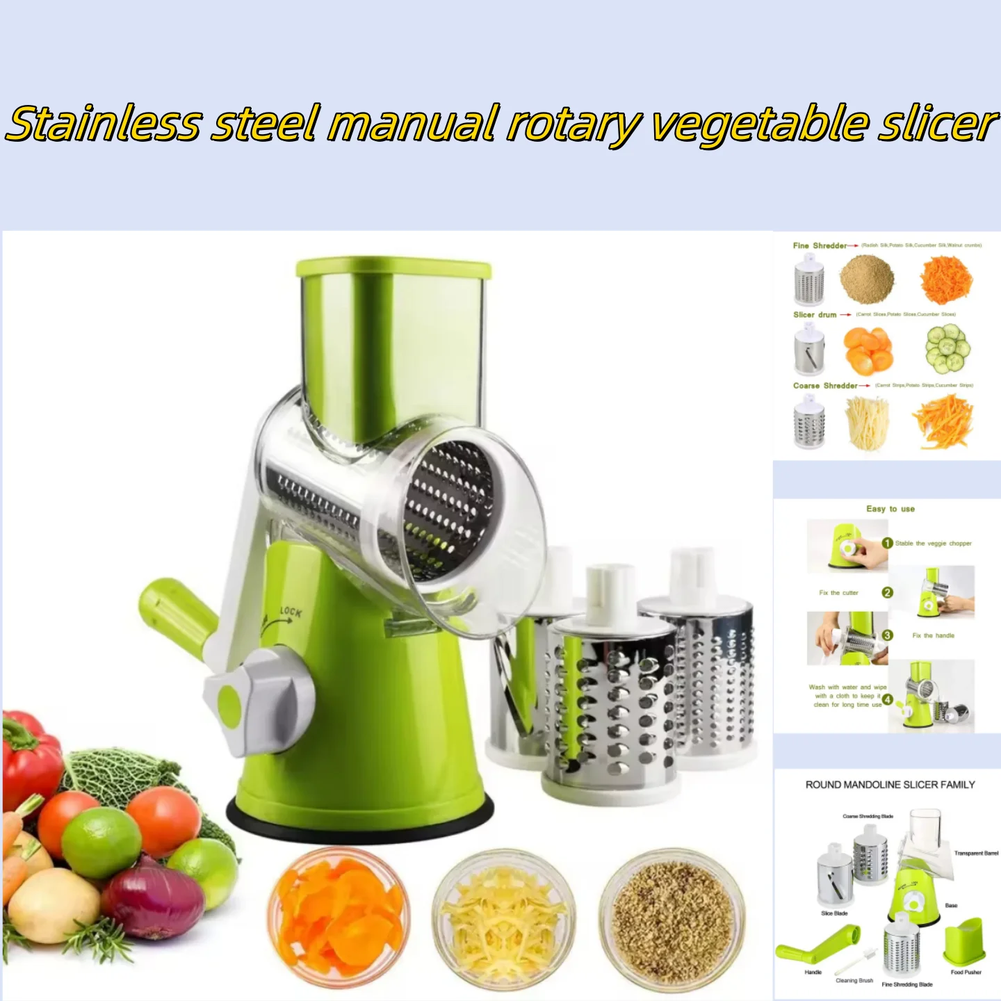 Kitchen stainless steel manual rotating vegetable slicer with 3 sharp stainless steel buckets vegetable cheese chopper