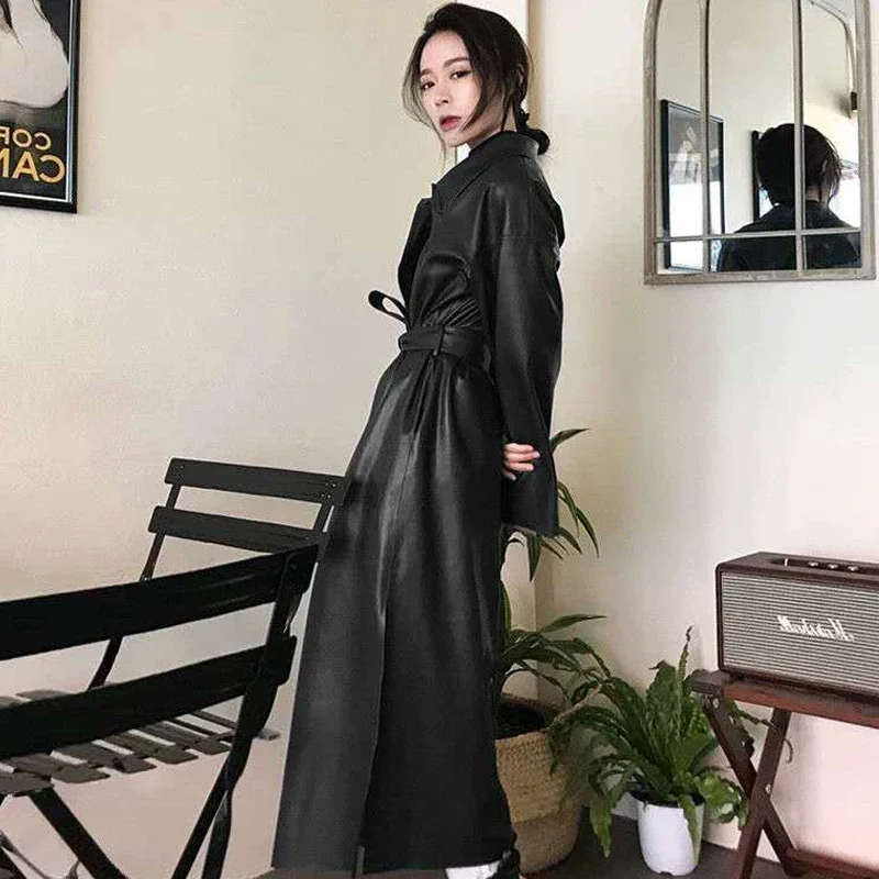 Winter Long Women Pu Leather Jackets Turn Down Collar Female Faux Leather Windbreaker Trench Coats Single Breasted Belt Jackets