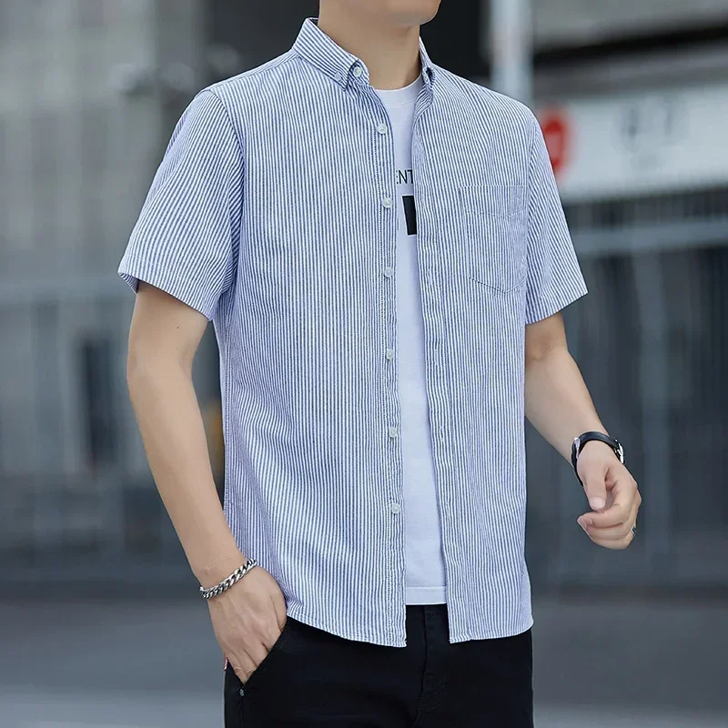 Striped Shirts Men Casual Summer Short Sleeve Shirts Slim Fit Outwear Shirts