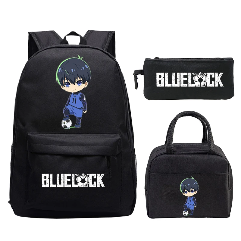 3 pçs conjunto azul bloqueio mochila, saco de almoço, saco de lápis, menino menina nagi seishiro dos desenhos animados mochila escolar estudantes leve