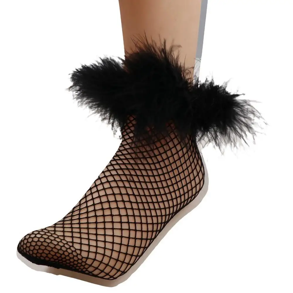 Harajuku Mesh Feather Fishnet Stockings Grid Bright Color Hollow Out Socks Patchwork Furry Socks Women Y2K Party