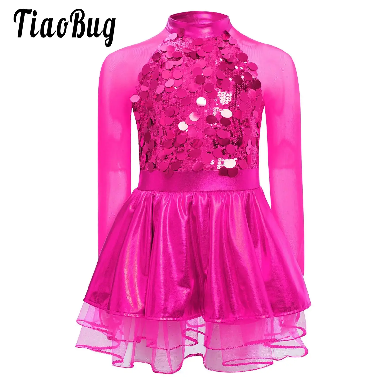 

Girls Shiny Sequins Ballet Tutu Dress Lyrical Jazz Modern Dance Performance Costume Mesh Long Sleeves Metallic Leotards Dress