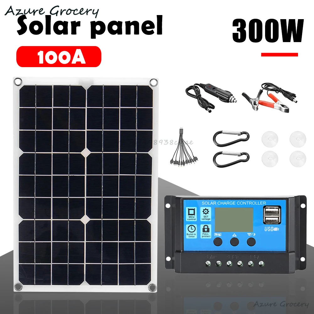 300W Solar Panel Kit with 100A Controller 12V Battery Charger Dual USB Solar Board IP65 Waterproof for Phone RV Car Boat Outdoor