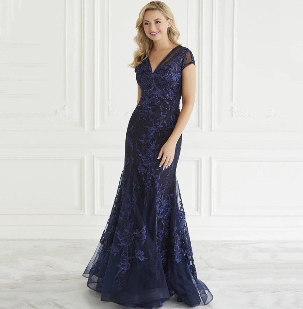 Vestido azul marino de sirena para madre de la novia, cuello en V, manga corta, Vestido largo de fiesta de graduación, apliques de encaje de