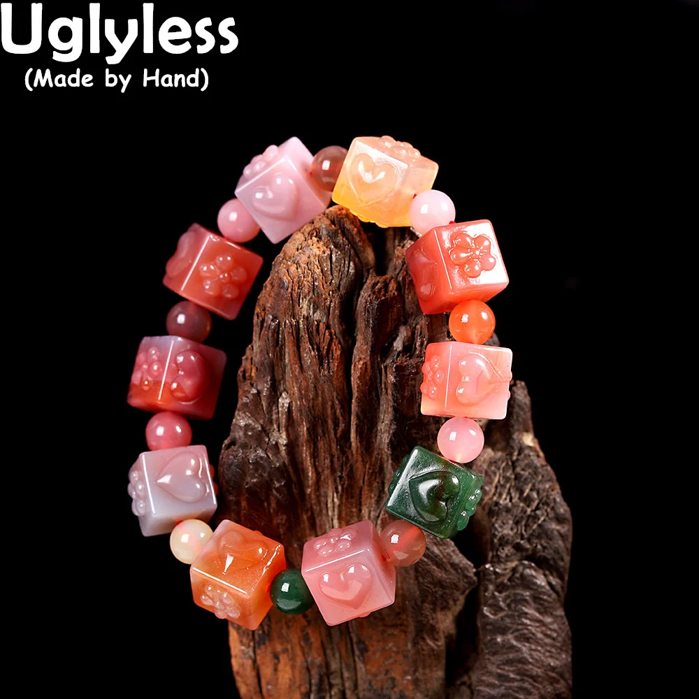 

Uglyless Natural Colorful Salty Agate Bracelets for Women Carved Flowers Bracelets Cute Cube Square Gemstones Jewelry Stretch