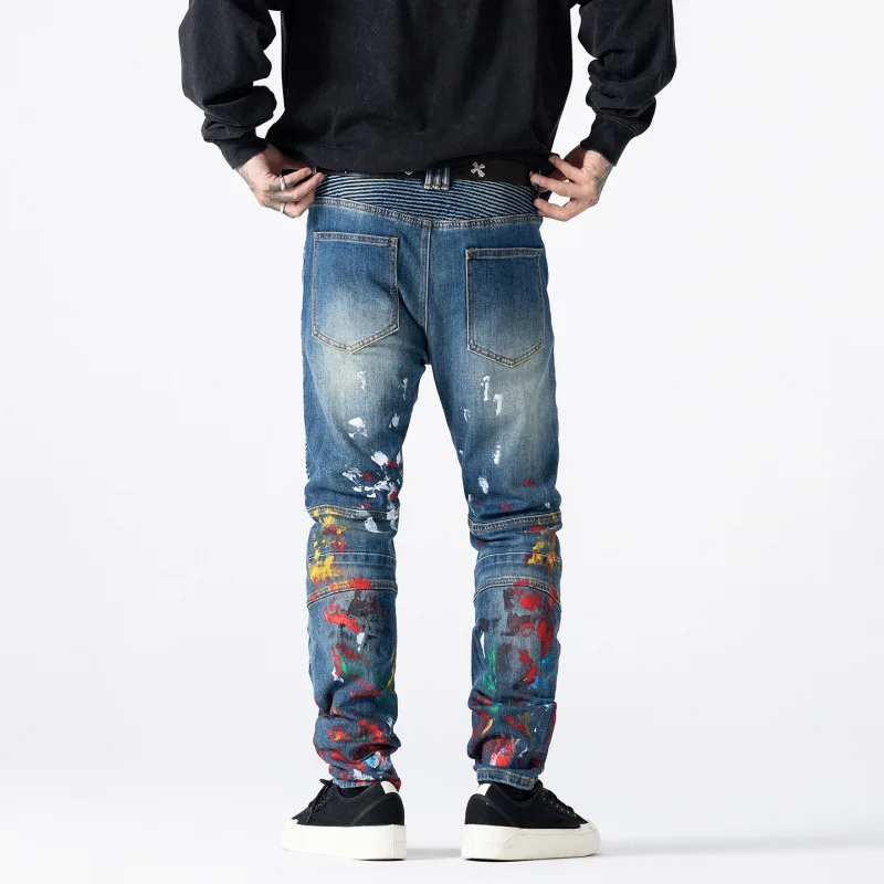 

Wrinkle splicing motorcycle pants men, 2025 new autumn fashion, fashionable high-end graffiti printed jeans