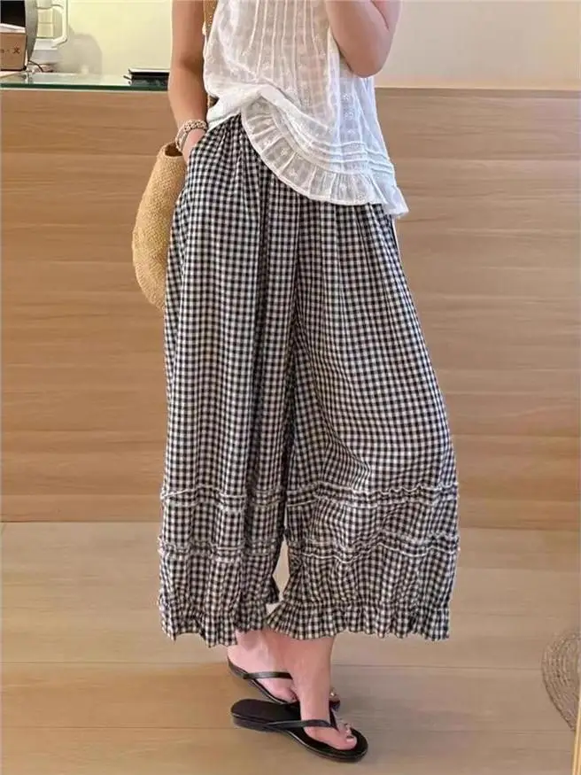 High Waist Wide Leg Pants Women's Summer Thin Checkered Hemmed Casual Trousers Loose Fit Nine Point Lantern Pants