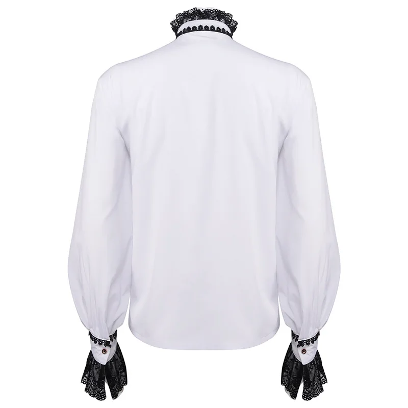 White Lace Ruffles Stand Collar Long Sleeves Renaissance Medieval Male Cosplay Anime Vintage Shirt Victorian Steampunk Top Man