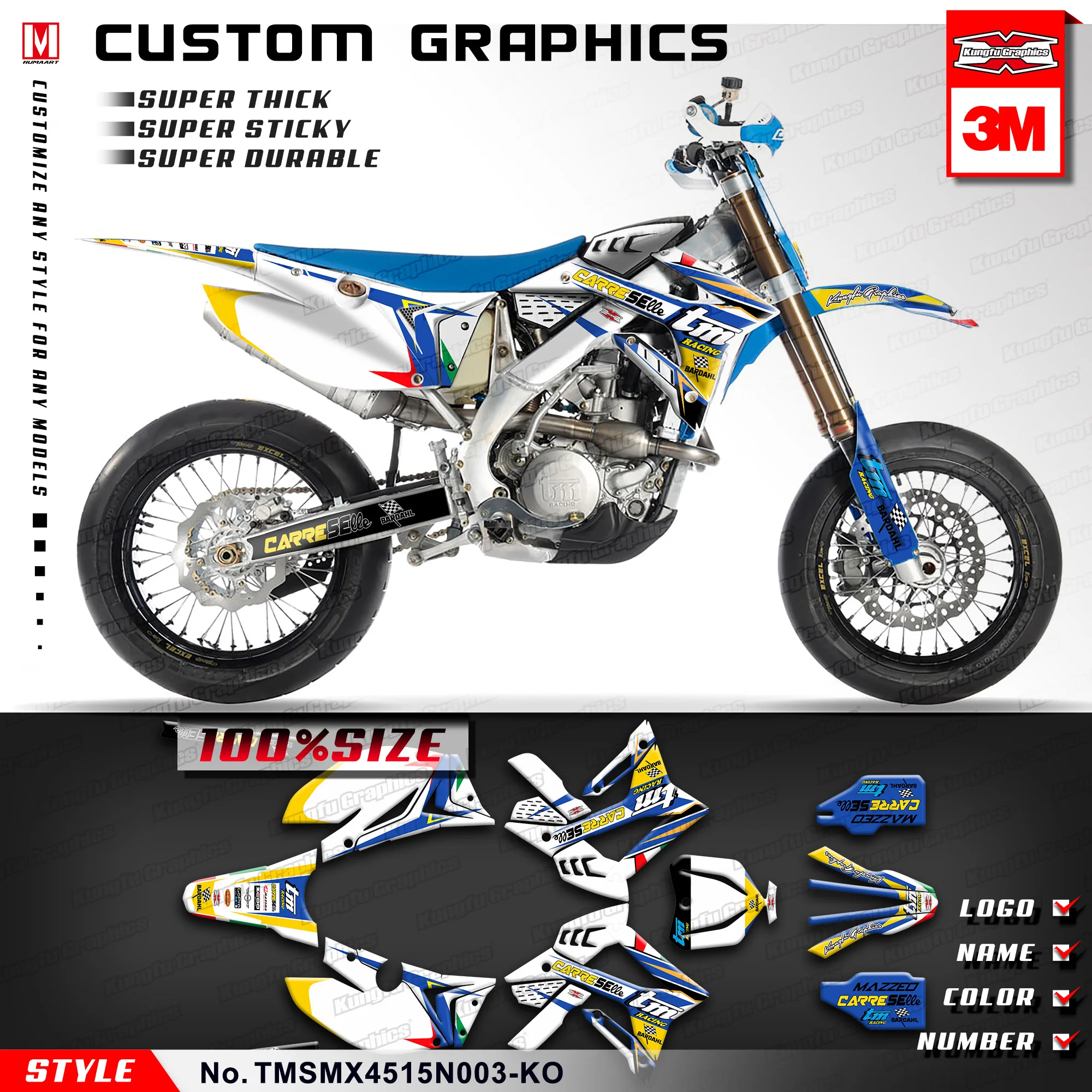 

KUNGFU GRAPHICS Motorcycle Sticker Full Decal Wrap Kit for TM Racing SMX 450 2015 2016 2017 2018 2019 2020 2021, White Blue