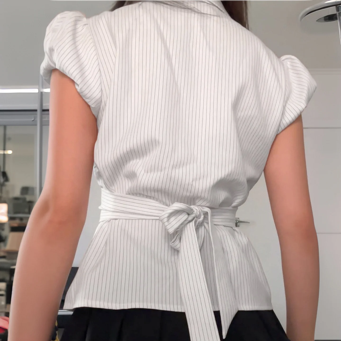 Summer Stripe ButtonUp Shirt Slimming Waist Design Belted FlipCollar Short Sleeve European And American Crossbody Chic Girl's Sh