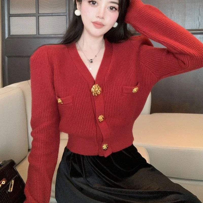 Neploe Elegant 3d Metal Buttons Red Sweaters Mujer 2024 Autumn Slim Waidt Cardigans Y2k Long Sleeve Knitted Tops Women