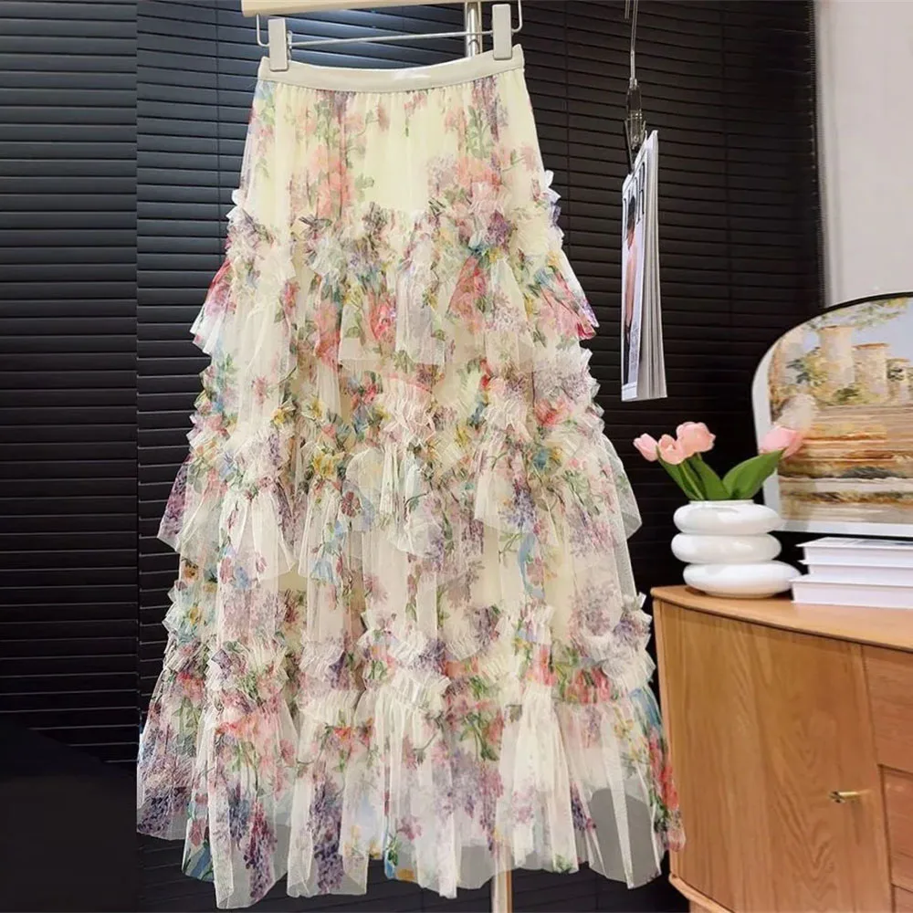 

Flower Print Irregular Mesh Floral Mesh Long Skirt Women Spring French Elegant Style High Waist A-line Ruffle Tulle Skirts New