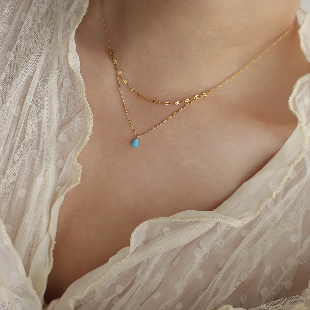 Stainless steel blue tears small and delicate Aobao blue water droplet sparkling double-layer necklace plated with 18K gold