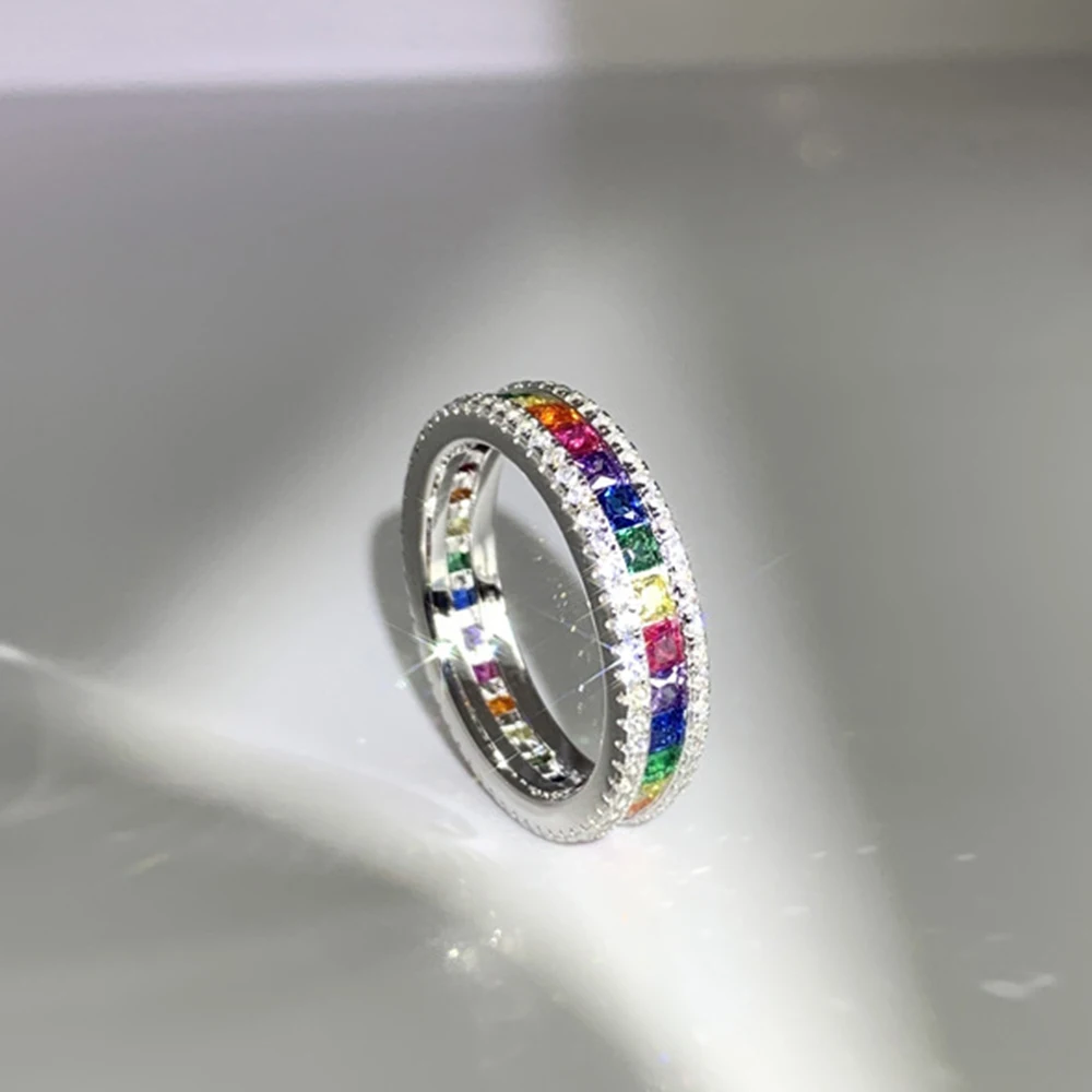 WPB S925 Sterling Silver Rings Rainbow Ring Color Women Luxury Jewelry Personalized Bright Zircon Design Girl Gift Party